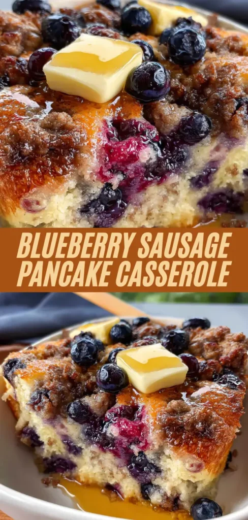 Blueberry sausage pancake casserole topped with butter pats, fresh blueberries, and maple syrup.