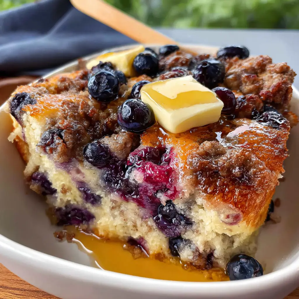Blueberry sausage pancake casserole topped with butter pats, fresh blueberries, and maple syrup drizzle.