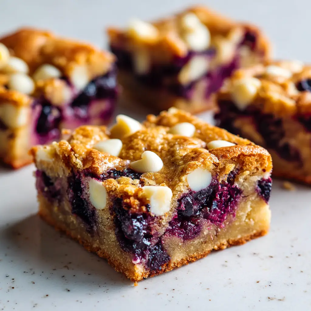 Close-up of white chocolate blueberry blondies with golden-brown crinkly tops, studded with white chocolate chips and juicy fresh blueberries peeking through the chewy center