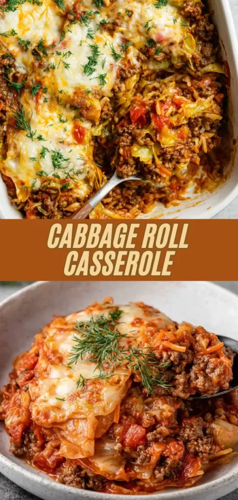 Comforting cabbage roll casserole fresh from the oven, layers of tender cabbage and seasoned ground beef rice mixture in tangy tomato sauce, topped with golden melted cheese and fresh dill sprigs, a generous scoop lifted to show hearty filling