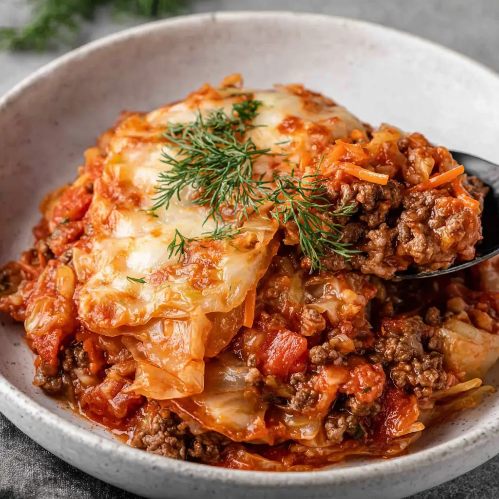 Hearty scoop of unstuffed cabbage roll casserole in a bowl, layers of tender cabbage leaves mixed with seasoned ground beef, rice, diced tomatoes and carrots in rich tomato sauce, topped with bubbly melted cheese and fresh dill garnish