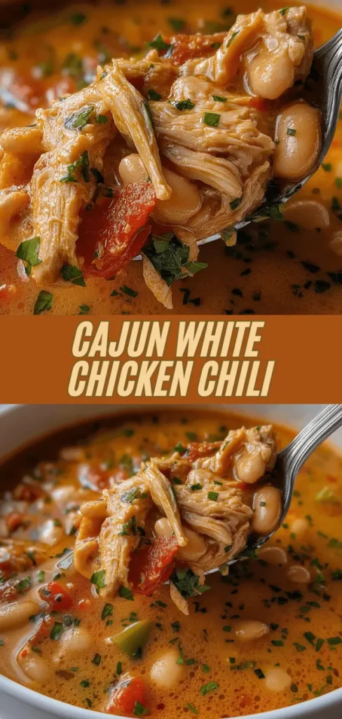 Close-up spoonful of creamy Cajun white chicken chili lifted from a bowl, showing tender shredded chicken, plump white beans, diced tomatoes, bell peppers, and fresh chopped herbs in a rich orange-spiced broth