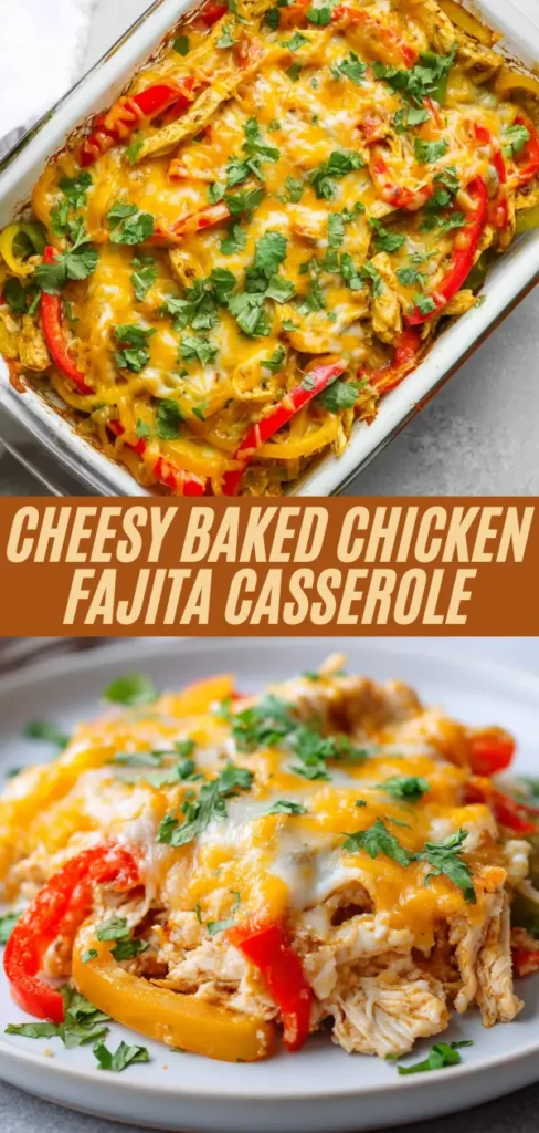 Cheesy baked chicken fajita casserole recipe collage showing baking dish with melted cheese and colorful peppers, plus plated serving with cilantro