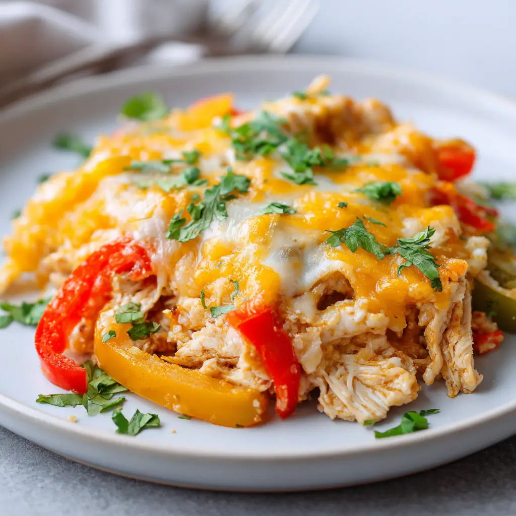 Plated serving of cheesy baked chicken fajita casserole with melted cheddar, colorful bell peppers, rice, and fresh cilantro garnish