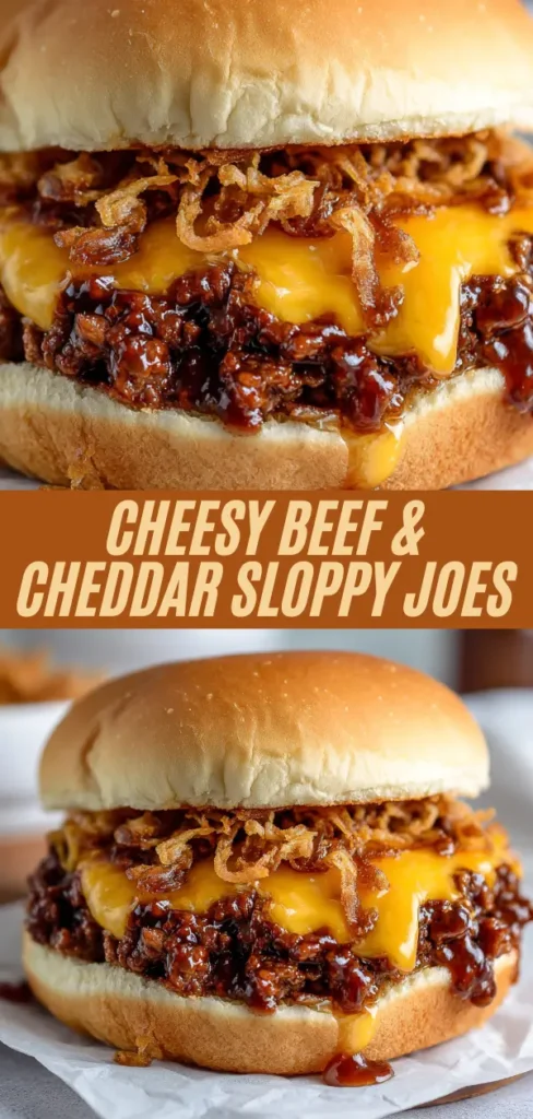 Cheesy beef and cheddar sloppy joes recipe collage showing close-up cross-section and full sandwich with ground beef, melted cheddar, and crispy fried onions on toasted bun