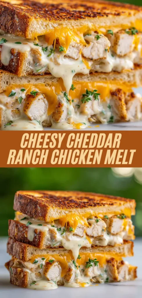 Tall Pinterest pin of cheesy cheddar ranch chicken melt: towering triple stack with cheese pulls, side views, green bokeh background; orange text overlay "Cheesy Cheddar Ranch Chicken Melt"