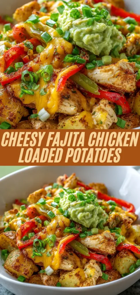 Tall Pinterest image showing cheesy fajita chicken loaded potatoes in a white bowl, topped with guacamole and green onions, with bold text overlay reading “Cheesy Fajita Chicken Loaded Potatoes”.