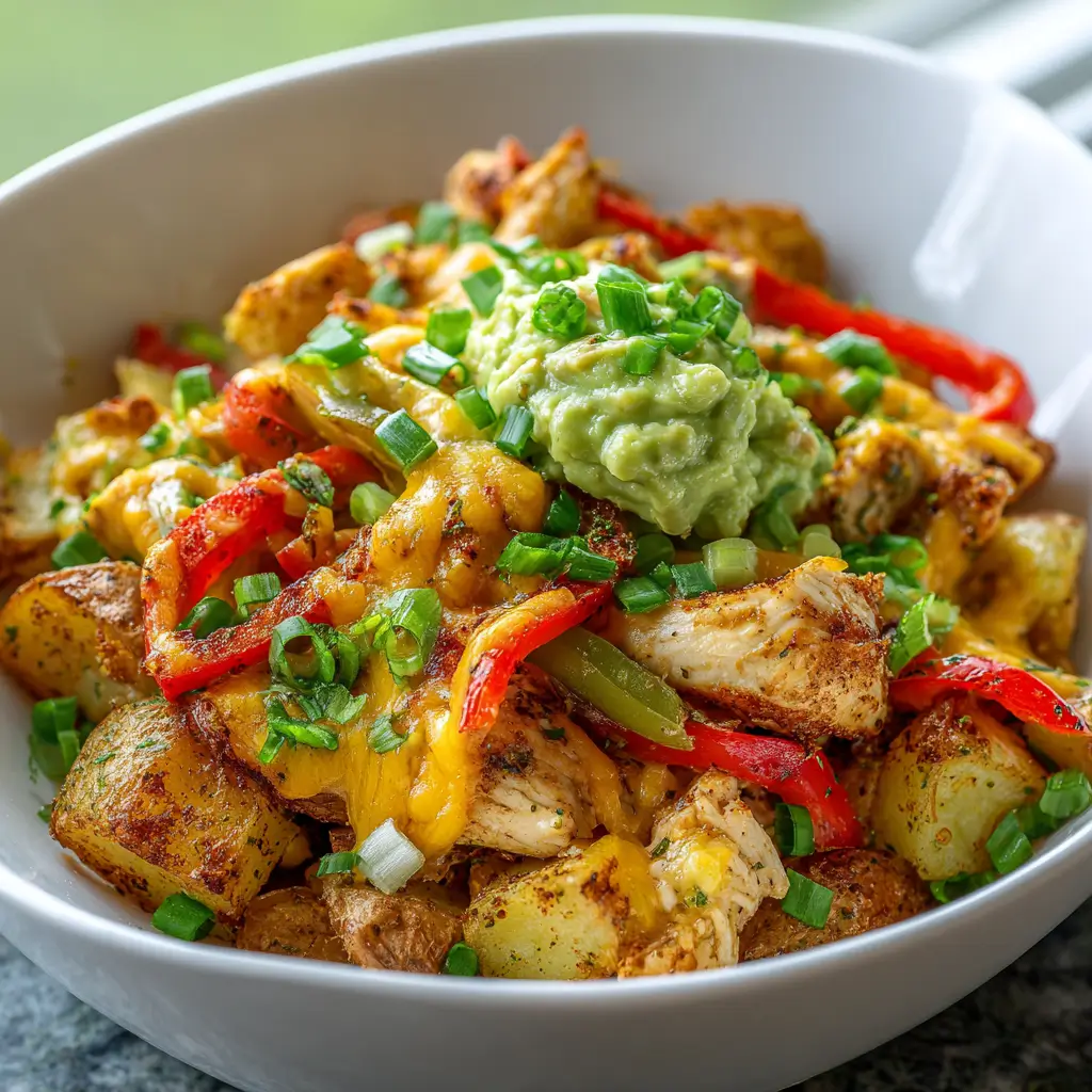 Bowl of cheesy fajita chicken loaded potatoes topped with guacamole, bell peppers, and green onions.