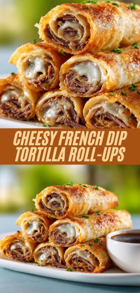 Cheesy French dip tortilla roll-ups recipe collage showing golden crispy tortillas filled with roast beef and melted cheese, served with au jus dipping sauce