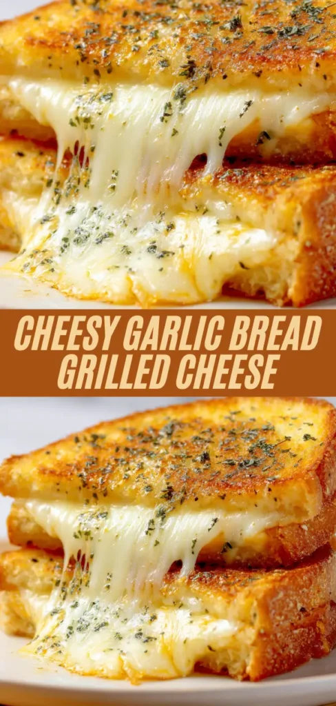 gooey garlic bread grilled cheese sandwiches with cheese stretch, golden parsley garlic crust, stacked slices, overlaid recipe title