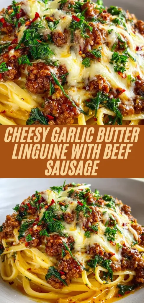 Cheesy garlic butter linguine with beef sausage, melted cheese, parsley, and red pepper flakes, recipe text overlay