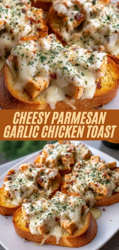 Cheesy parmesan garlic chicken toast topped with melted cheese, herbs, and green onions on a plate.