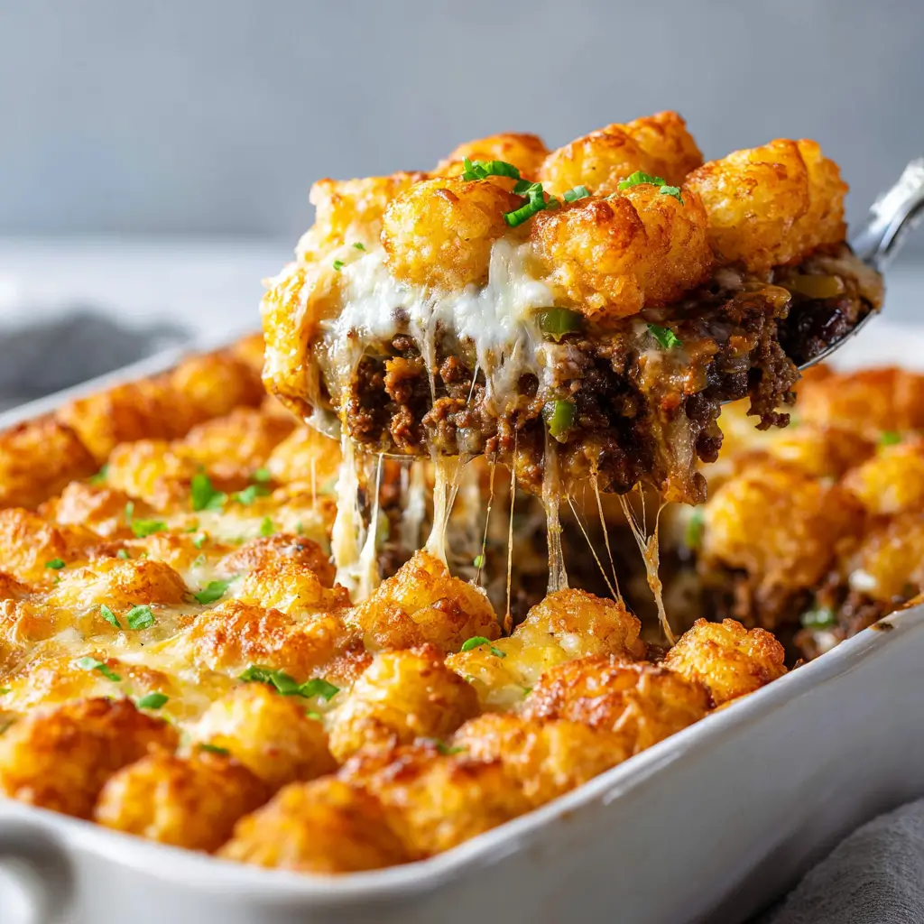 Spoon lifting cheesy Philly cheesesteak tater tot casserole from baking dish: crispy golden tots, stretchy melted cheese, beef peppers onions below with parsley
