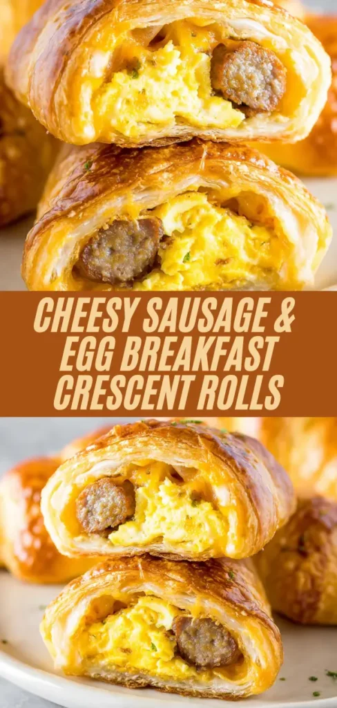stacked cheesy sausage egg crescent rolls showing cross-section filling, multiple angles, overlaid title text