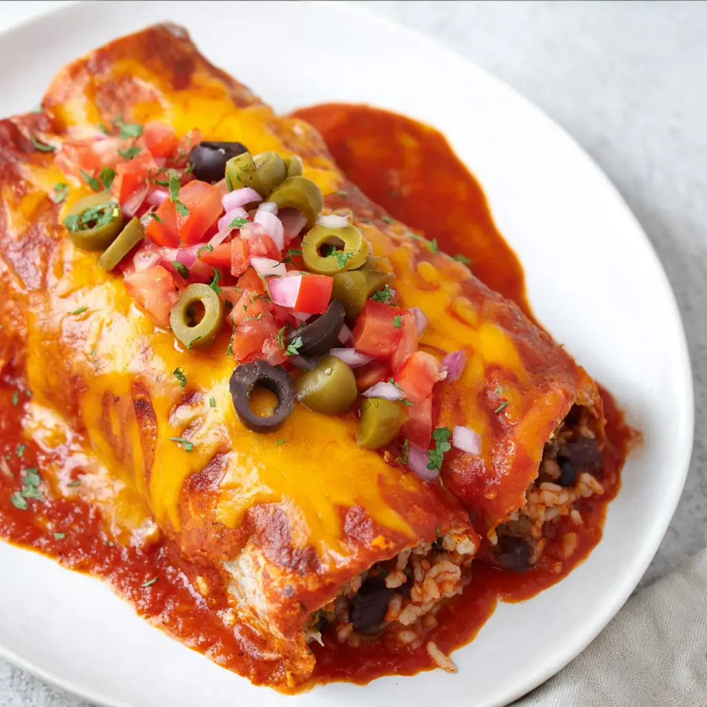 Close up cheesy smothered vegan black bean burritos with melted cheese, enchilada sauce, olives, tomatoes, onions