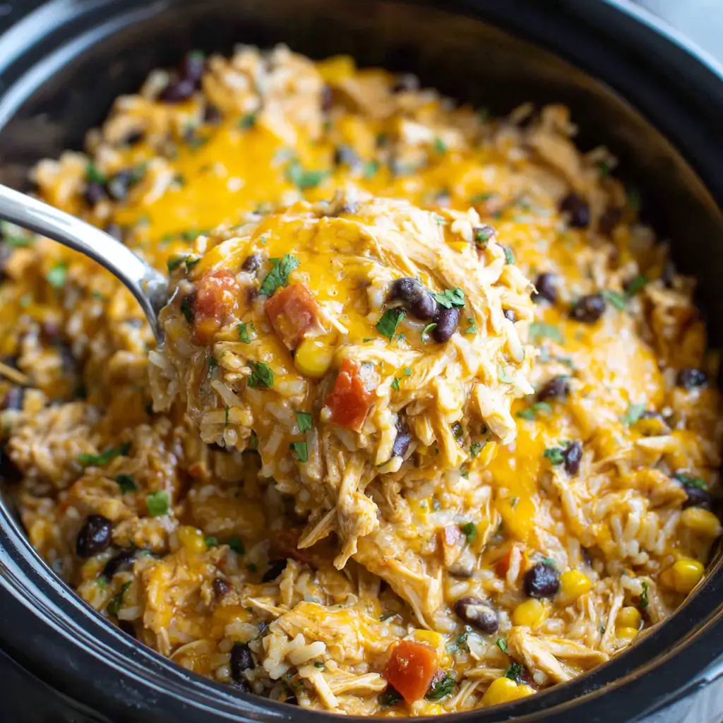 Hearty slow cooker cheesy chicken casserole with shredded chicken, black beans, corn, rice, diced tomatoes, and melted cheddar cheese, scooped up with fresh cilantro garnish
