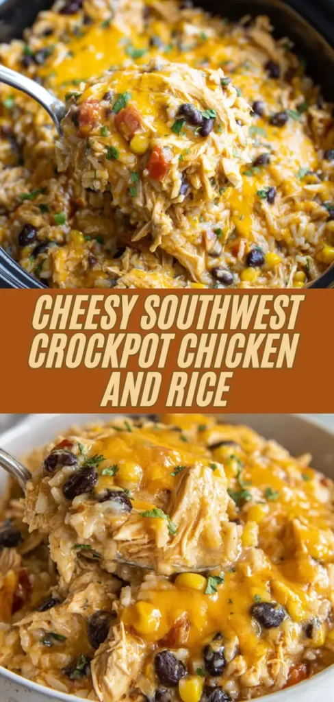 Creamy slow cooker southwest chicken with shredded chicken, black beans, corn, rice, diced tomatoes, melted cheddar cheese, and fresh cilantro garnish