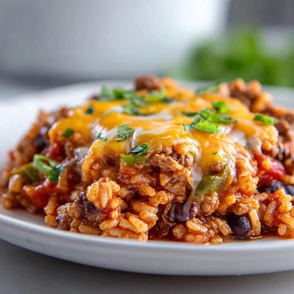 Plated serving of cheesy Tex-Mex beef and rice casserole topped with melted cheddar cheese and fresh cilantro garnish on white plate