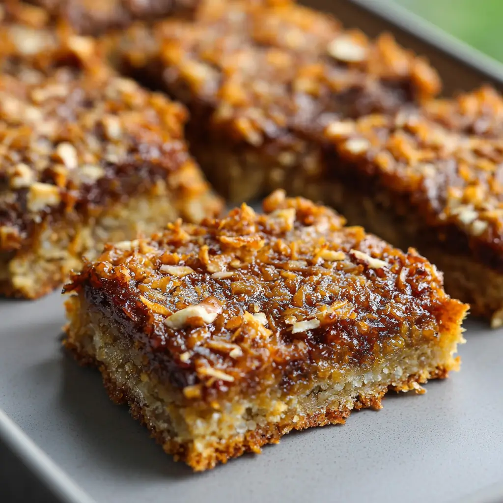 Golden chewy coconut walnut bars with toasted coconut topping on gray slate