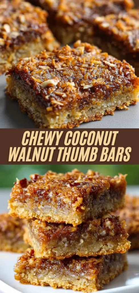 Vertical stack of chewy coconut walnut thumb bars with caramelized toasted coconut topping