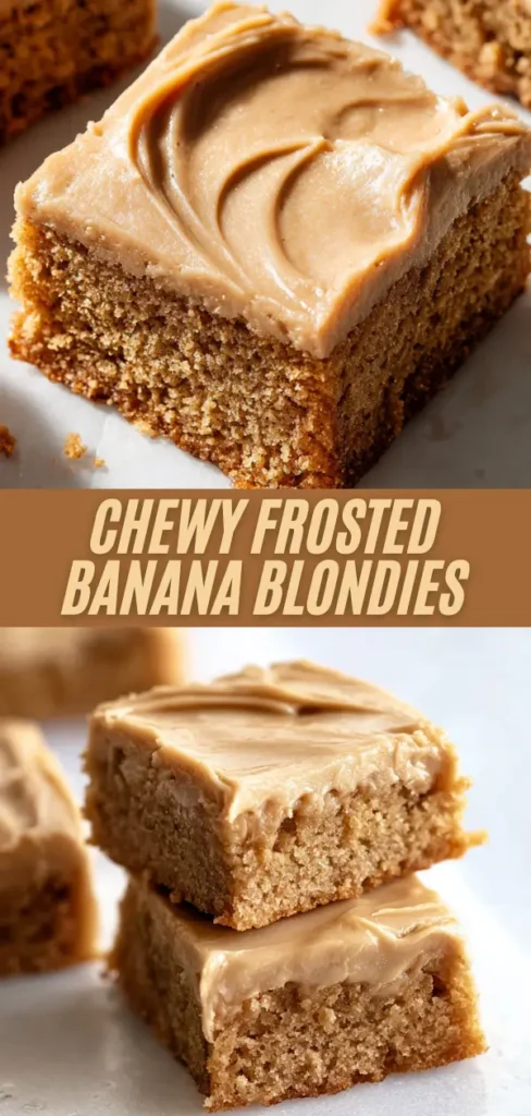 Chewy banana blondies stacked with thick brown butter caramel frosting layers