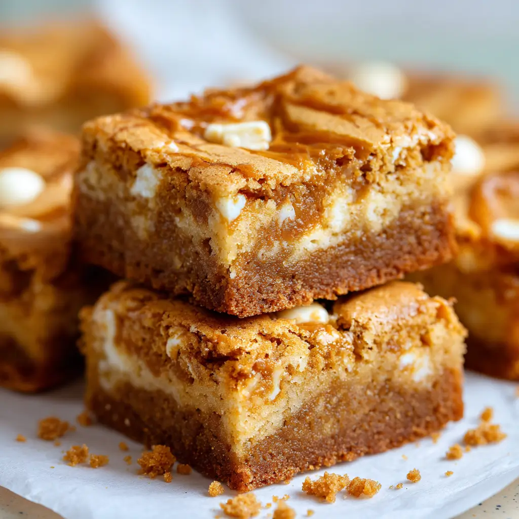 Chewy white chocolate biscoff blondies stacked to show biscoff caramel swirls and white chocolate pieces.
