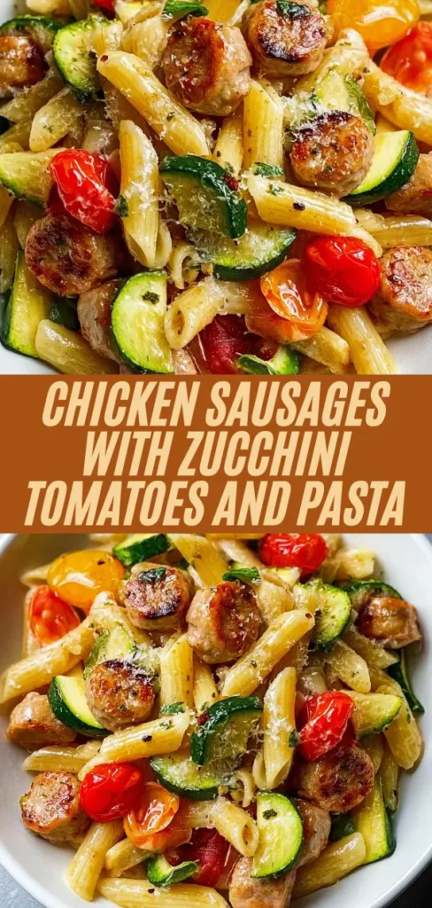 pasta bowl with chicken sausages, zucchini, tomatoes from side and top, overlaid title text