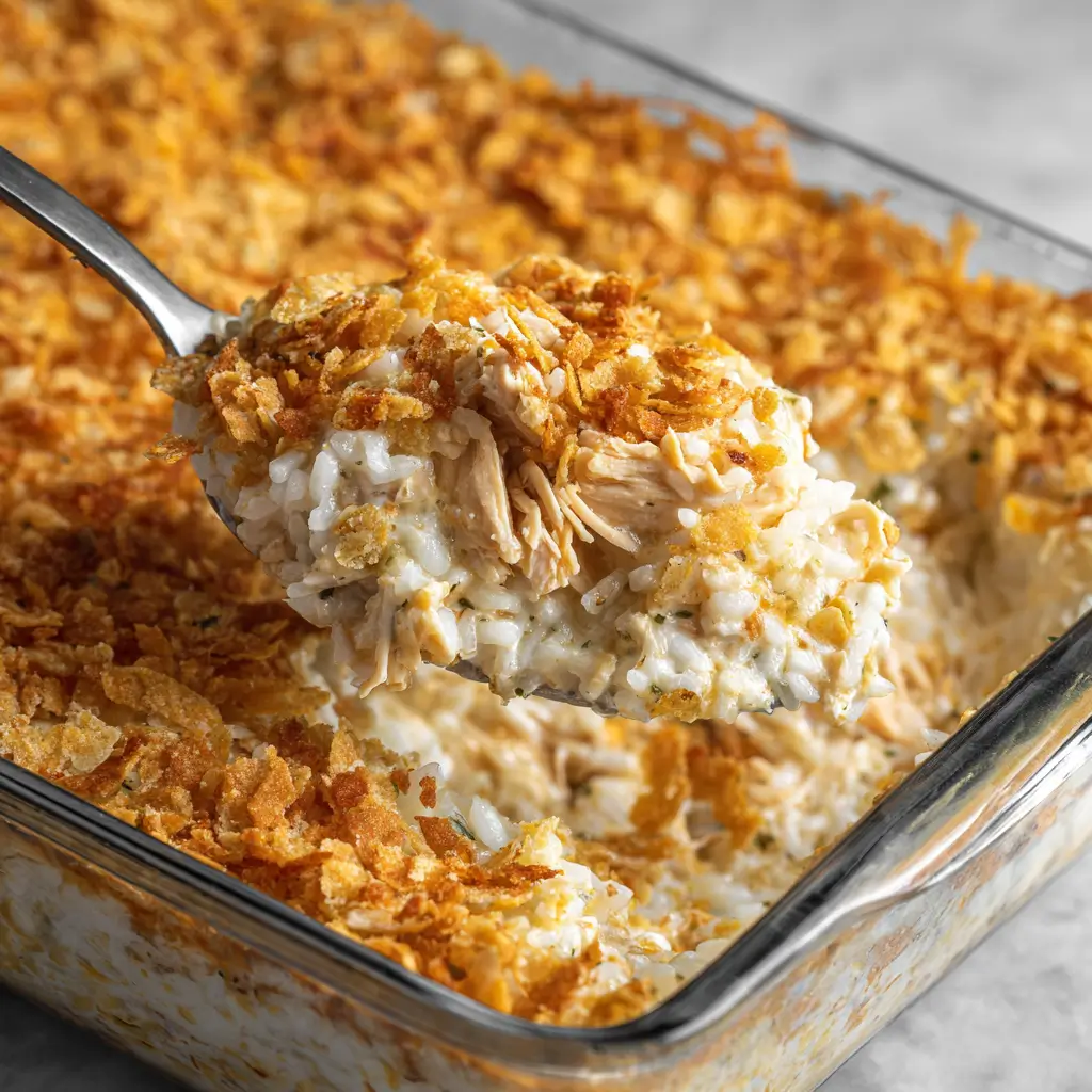 Chicken rice casserole in baking dish with golden Ritz cracker topping spooned up ready to serve