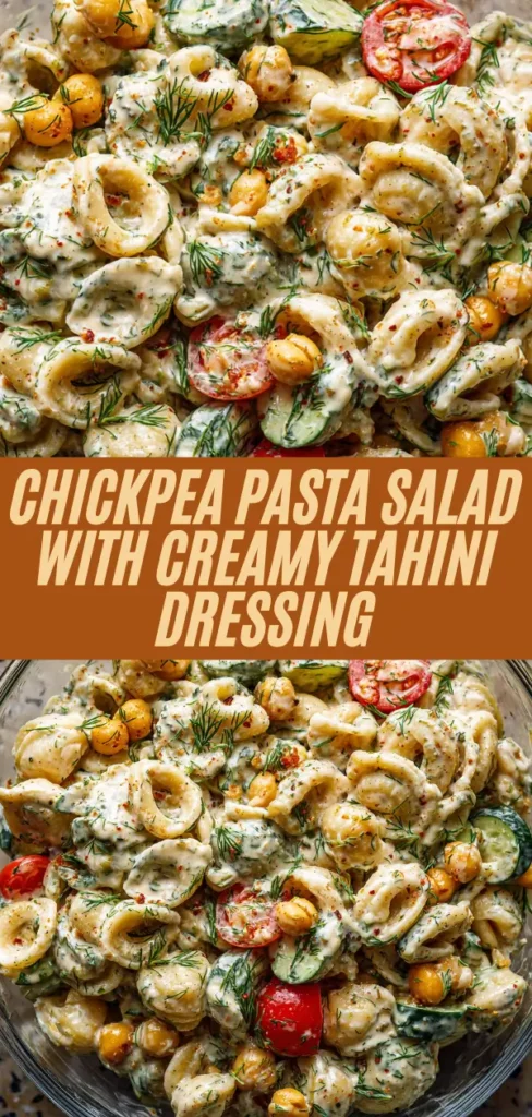 Vertical chickpea pasta salad recipe with tahini dressing chickpeas veggies in glass bowl