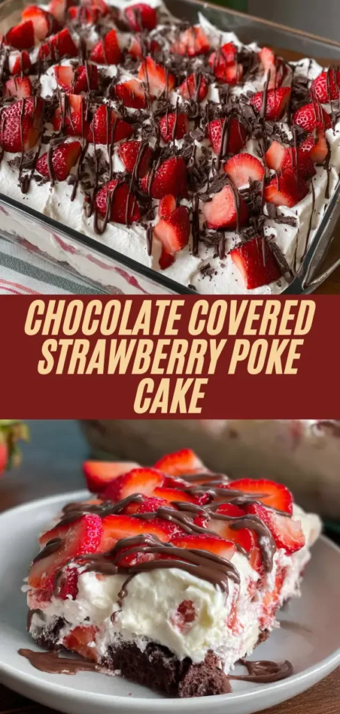 Vertical Pinterest pin of chocolate covered strawberry poke cake: full dish with whipped cream, strawberries, chocolate drizzle; sliced serving on plate; bold text overlay