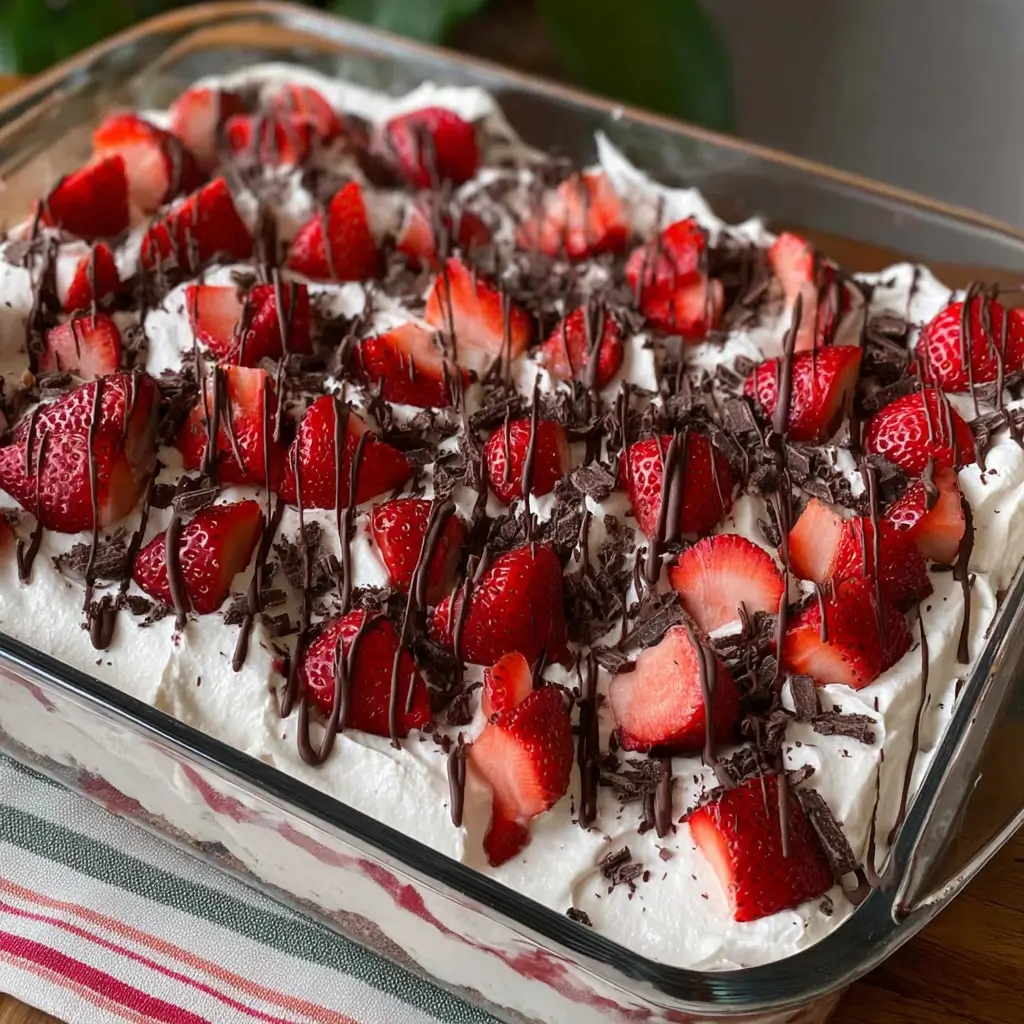 Moist chocolate covered strawberry poke cake in glass dish, topped with whipped cream, fresh halved strawberries and rich chocolate drizzle