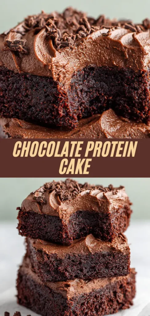 Vertical recipe pin of chocolate protein cake showing frosted squares stacked with bite taken, overlaid text "Chocolate Protein Cake" highlighting moist texture and chocolate sprinkles