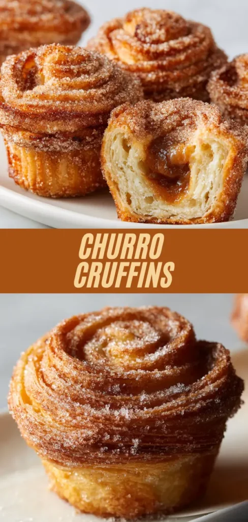 Churro cruffins coated in cinnamon sugar, one cut open showing flaky layers and gooey caramel center