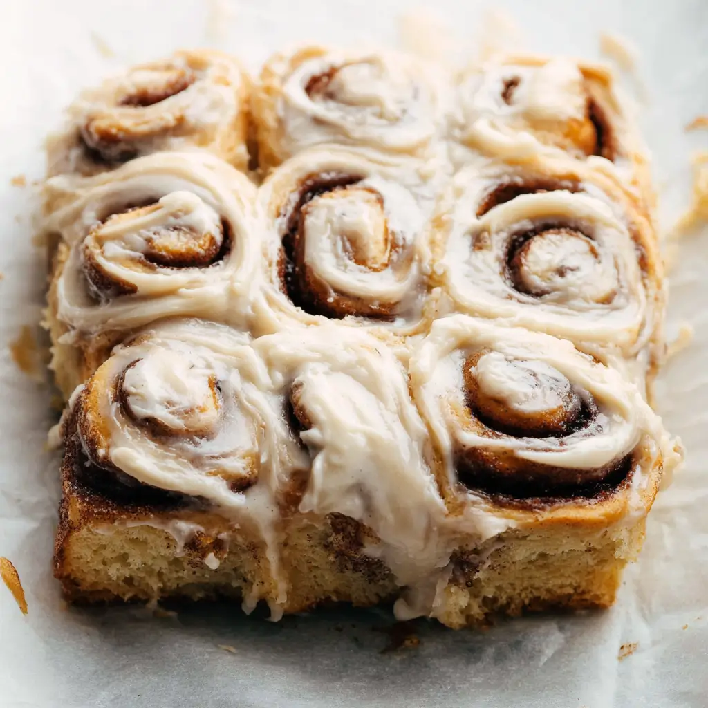 Close-up of gooey cinnamon roll banana bread squares drizzled with thick cream cheese frosting