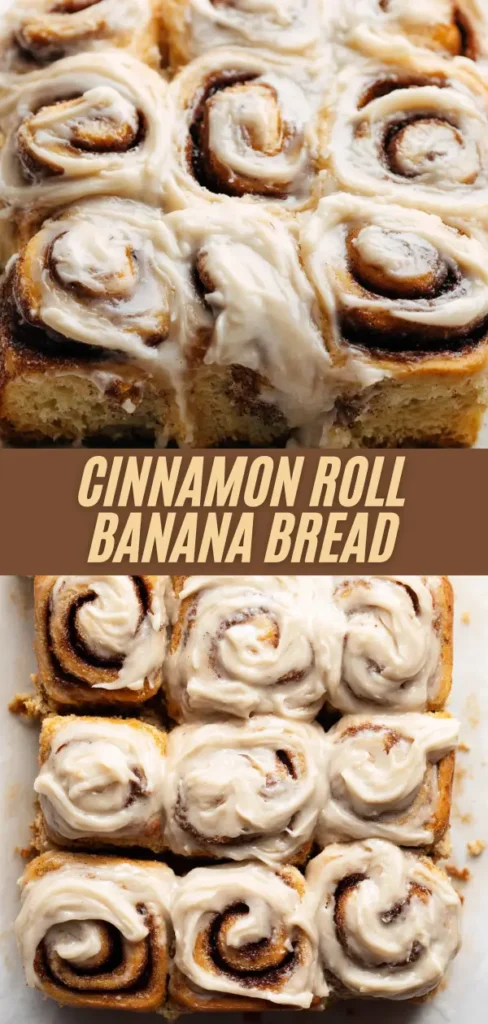 cinnamon roll banana bread pan overflowing with cream cheese frosted rolls