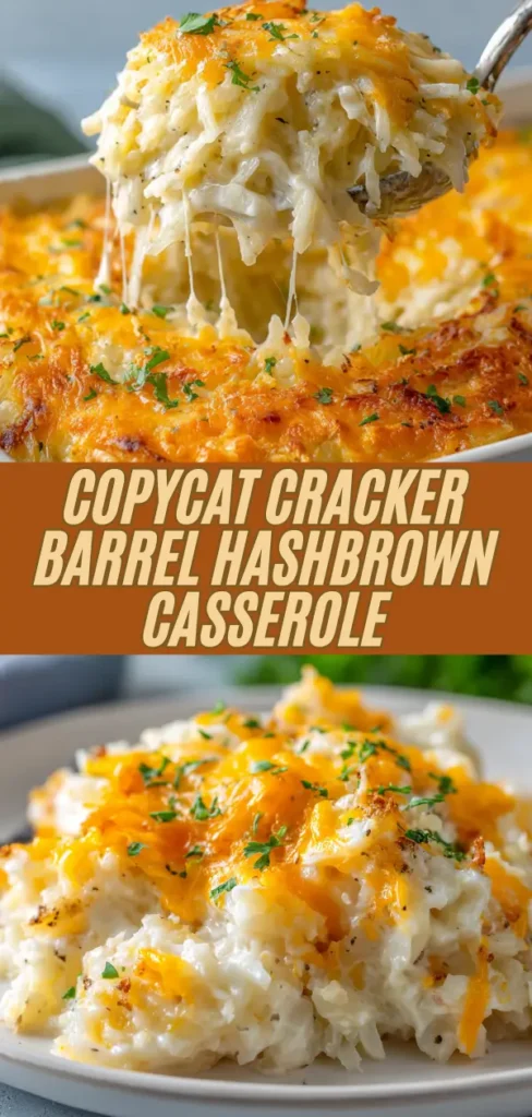 Freshly baked Cracker Barrel-style hashbrown casserole with a golden cheesy top, creamy shredded potatoes, and fresh parsley garnish, spoon lifting a gooey cheesy portion showing stretchy melt