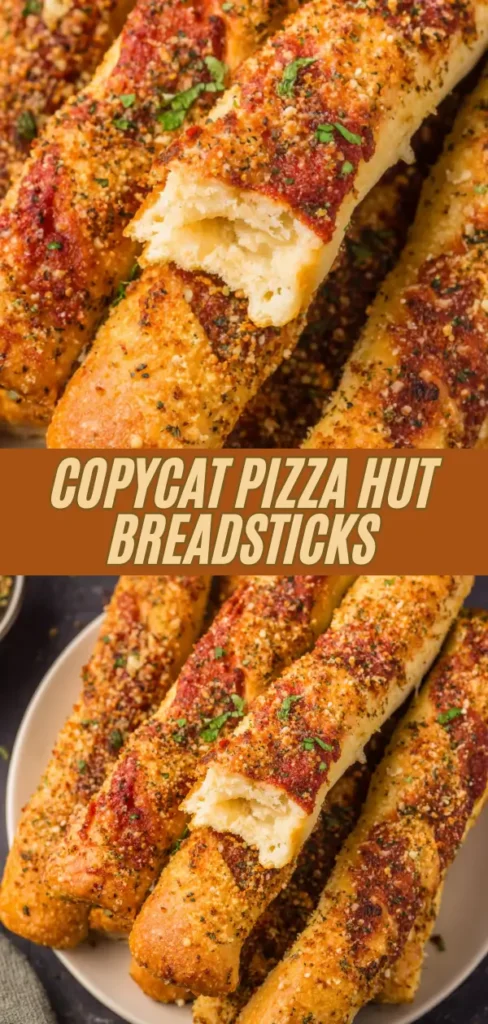 Golden copycat Pizza Hut breadsticks coated in a crispy seasoned parmesan-herb crust with garlic butter and red sauce streaks, one broken to reveal soft fluffy center and fresh parsley garnish