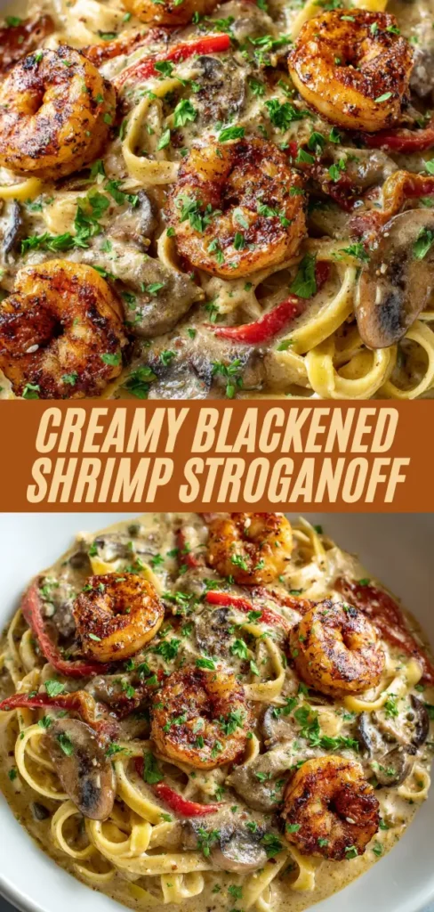 Creamy blackened shrimp stroganoff with mushrooms, pasta, and peppers in a rich sauce
