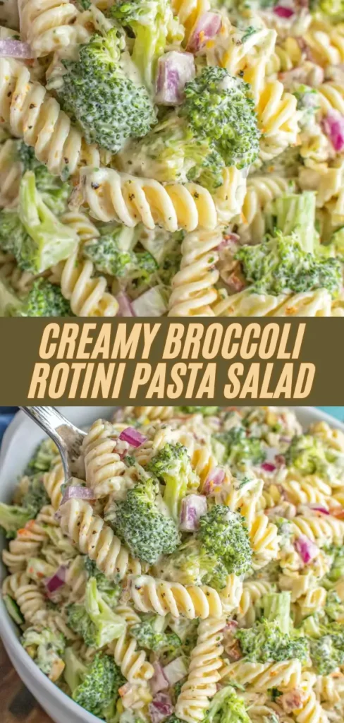 Heaping spoonful of creamy broccoli rotini pasta salad lifted from a bowl, packed with bright green broccoli florets, fusilli pasta, diced red onion, shredded carrots, sweet corn, and a light herb-flecked dressing