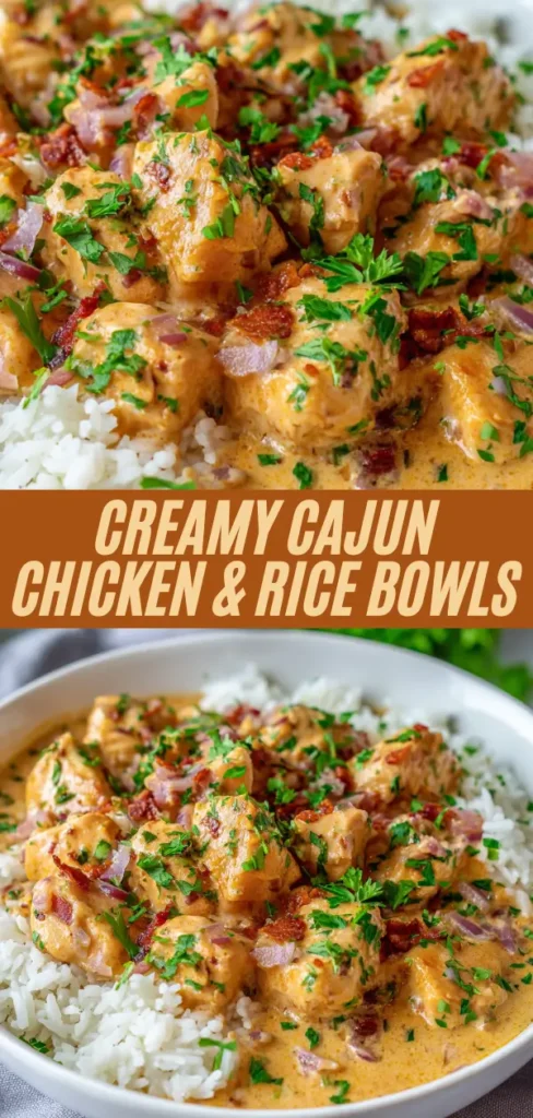 Creamy Cajun chicken and rice bowls recipe collage showing close-up and full bowl of spicy chicken in cream sauce with bacon, onions, rice, and parsley