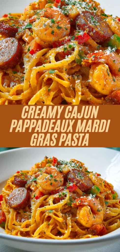 Vertical Pinterest pin of creamy Cajun Pappadeaux pasta: overflowing bowl with shrimp sausage linguine, close-up details, plated serving; orange text overlay "Creamy Cajun Pappadeaux Mardi Gras Pasta"