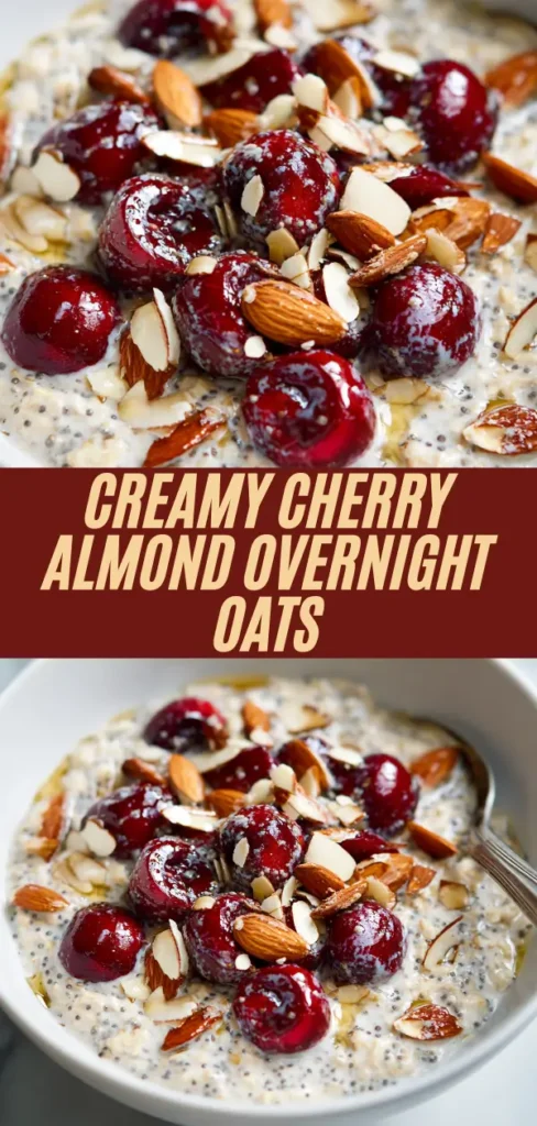 Creamy cherry almond overnight oats recipe collage showing close-up and bowl view with chia seeds, fresh cherries, sliced almonds, and honey drizzle