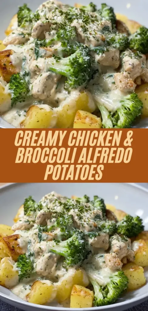 Bowl of creamy chicken broccoli alfredo loaded potatoes topped with parmesan cheese and fresh herbs.