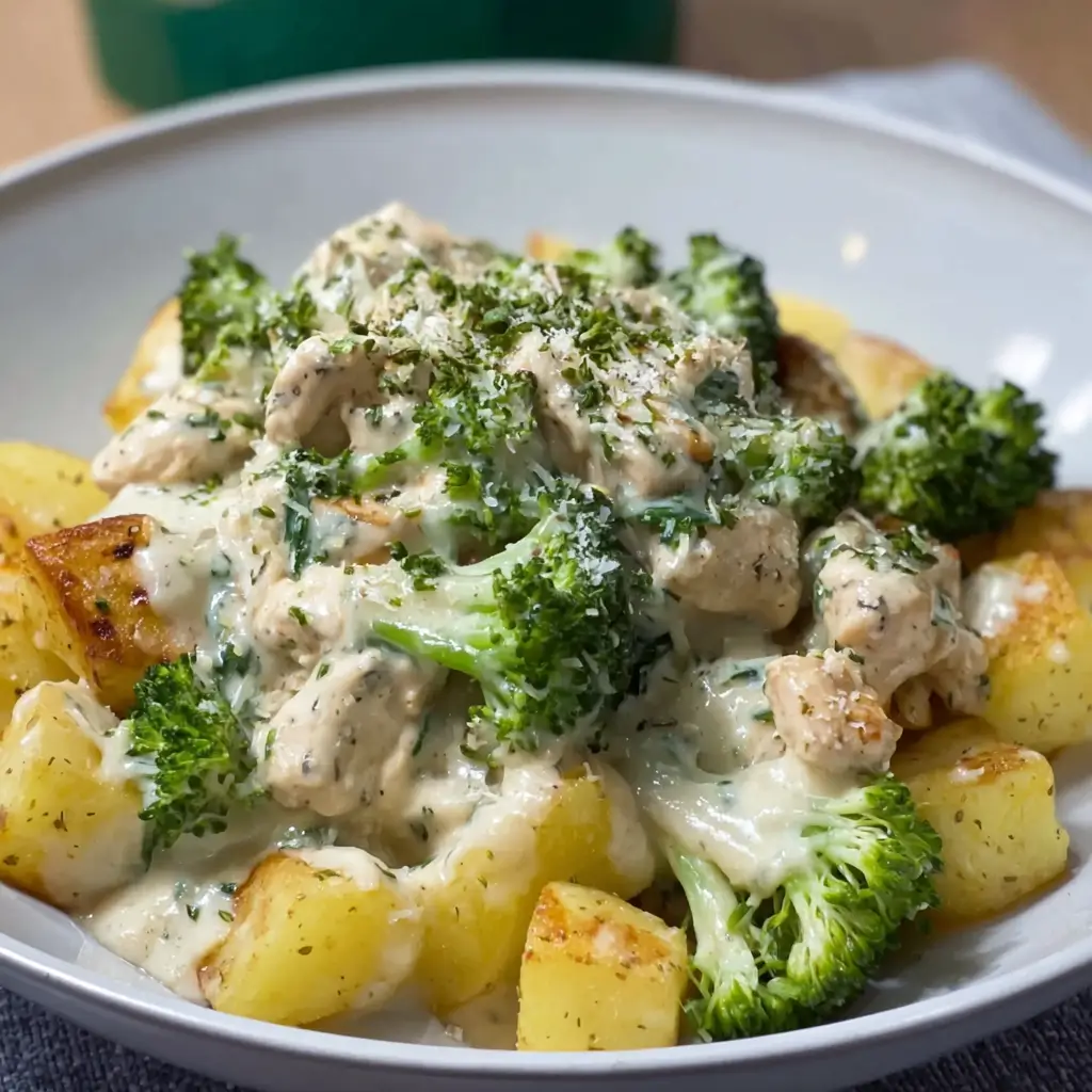 Bowl of creamy chicken broccoli alfredo loaded potatoes topped with parmesan cheese and fresh herbs.