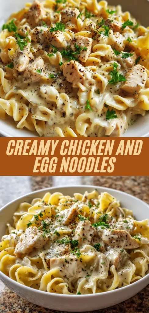 Vertical creamy chicken egg noodles recipe served in white bowls with parsley pepper garnish