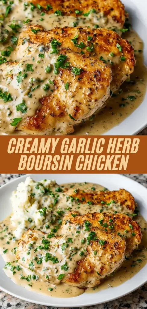 creamy Boursin garlic herb chicken thighs served over mashed potatoes with parsley, overlaid title text.