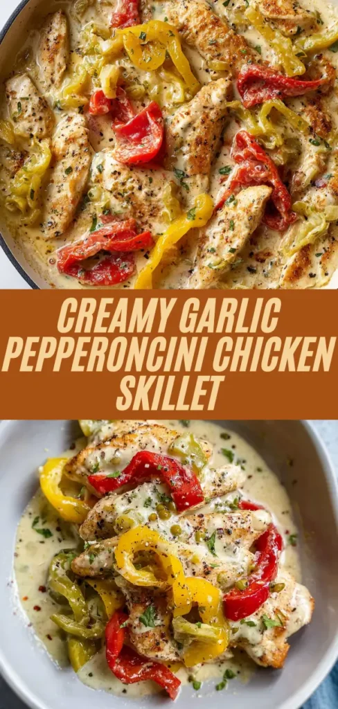 creamy garlic pepperoncini chicken skillet with chicken, bell peppers, pepperoncini in sauce, plus bowl serving, overlaid title text