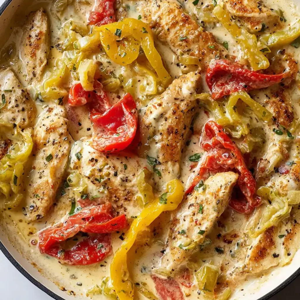 Skillet of creamy garlic pepperoncini chicken with sliced chicken breasts, green and red bell peppers, pepperoncini peppers in parmesan cream sauce