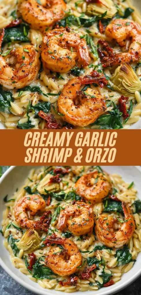 Creamy garlic shrimp and orzo recipe collage showing close-up and bowl view of seasoned shrimp with creamy orzo, spinach, artichokes, and sun-dried tomatoes