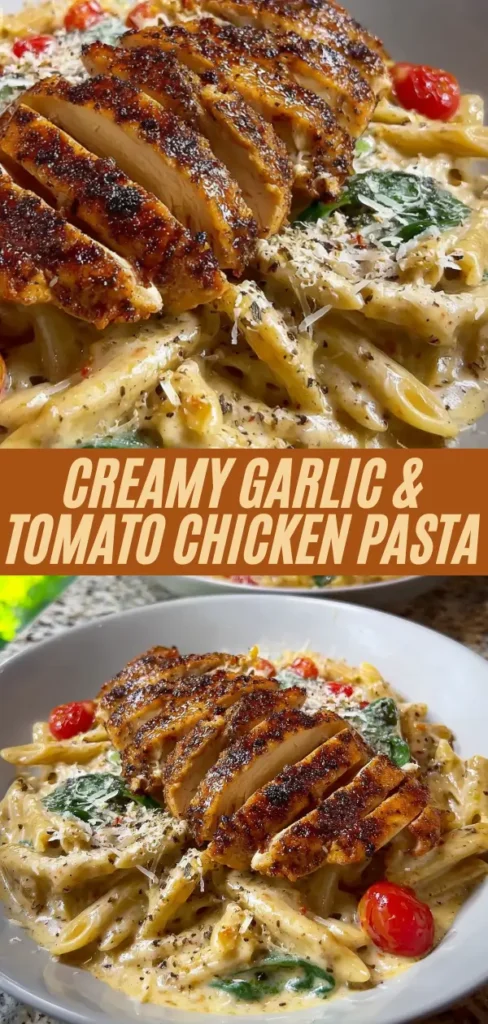 Vertical view of creamy garlic tomato pasta with blackened chicken spinach tomatoes and closeup bowl serving
